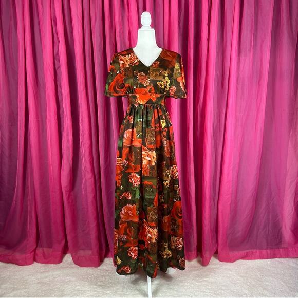 Vintage unbranded rose and graphic print maxi dress, size med - Picture 1 of 13